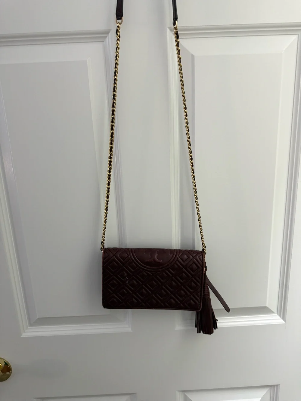 Tory Burch Fleming burgundy quilted leather wallet crossbody